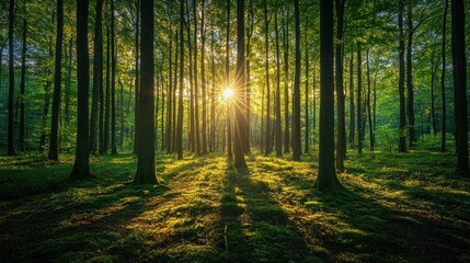 Obraz premium Sunlight filtering through a dense canopy of lush green trees in a serene forest
