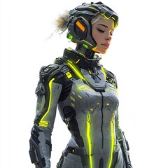 Gaming character girl in a futuristic armor suit, showing strong upper body muscles on a white background.