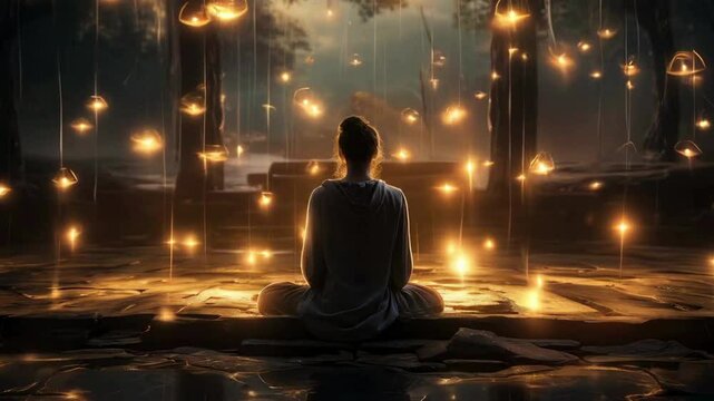 Woman sitting and meditating with floating lights moving upwards