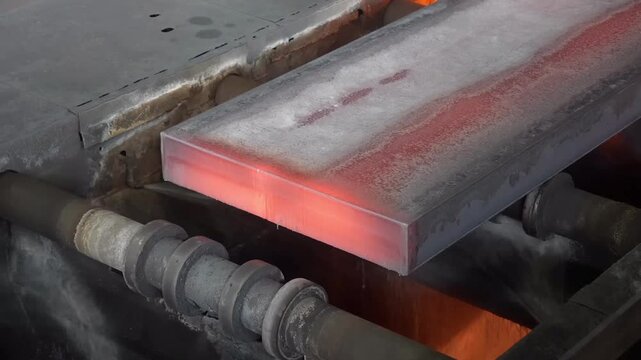 Steel production in the workshop. Metallurgy factory. Red hot steel metal billets after molten steel casting. Heavy industry. hot metal sheet slides along the conveyor. Hot steel bars on the conveyor.