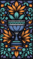 This vibrant illustration features decorative cup surrounded by intricate floral patterns in shades of orange, teal, and purple, creating harmonious and artistic design