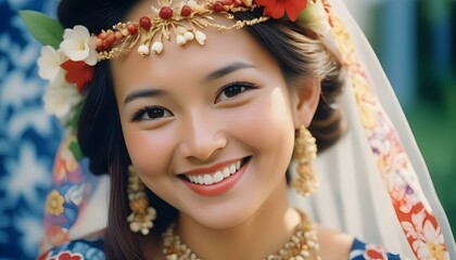 Happy Southeast Asian female bride in a colorful batik wedding dress