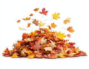 An isolated white background shows a pile of autumn colored leaves.