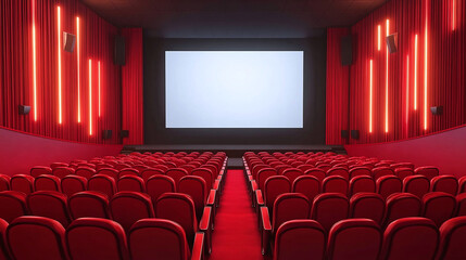 Interior of a cinema featuring empty seats and a plain screen 3D illustration