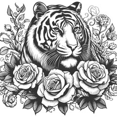 roaring tiger surrounded by blooming roses, tattoo. Fierce wildlife with delicate floral elements sketch engraving generative ai vector illustration. Scratch board imitation. Black and white image.