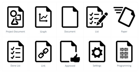A set of 10 File icons as project document, graph, document