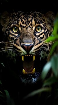 Vertical clip. Jaguar in dark jungle face on roars to camera