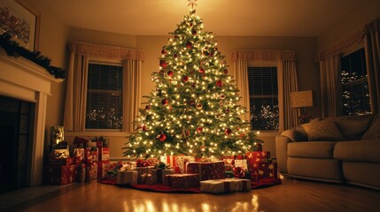 A beautifully lit Christmas tree adorned with gold and red ornaments, twinkling lights, and a star on top, standing in a cozy living room with gifts piled underneath