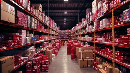 Warehouse filled with holiday packages, representing the peak season in logistics and distribution.