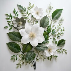 Obraz premium White wall with a cluster of flowers on one side and leaves on the other, perfect for minimalistic floral decor or nature-inspired interior design