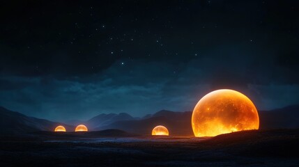 Night View of Distant Space Colony with Celestial Bodies