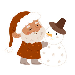 Fototapeta premium New Year's card. Dwarf Sculpting a snowman. Neutral colors. Christmas atmosphere. Santa Claus.