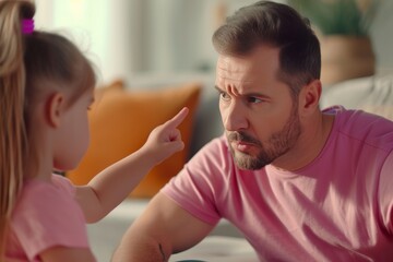 Fototapeta premium A young girl expresses her thoughts seriously while sitting with a man in a casual setting during afternoon light