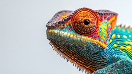 Naklejka premium Close-up of a colorful chameleon's face against a white background.