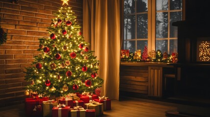 A beautifully lit Christmas tree adorned with gold and red ornaments, twinkling lights, and a star on top, standing in a cozy living room with gifts piled underneath