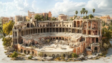 Obraz premium Ruins of an ancient amphitheater with a stone stage, surrounded by crumbling walls and overgrown vegetation.