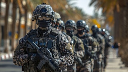 Naklejka premium Military personnel stand in formation on a sunlit street, showcasing tactical readiness and discipline. Generative AI