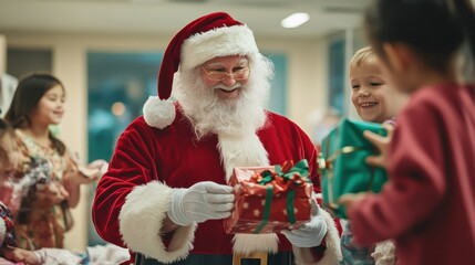 Santa Claus delivering gifts to children at a hospital, bringing joy and smiles to their faces as he hands out brightly wrapped presents in a festive, heartwarming scene