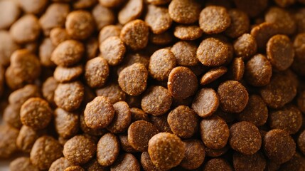 Close Up Texture of Dog Food Kibble: A captivating macro shot of dog food kibble, showcasing the intricate details and textures of these nourishing pellets. Perfect for pet food packaging, articles.