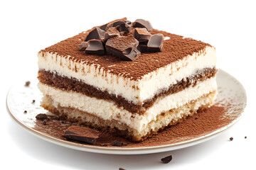 Slice of traditional Italian dessert Tiramisu pastry cake with mascarpone cream isolated on white background