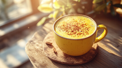 Warm golden turmeric latte in cozy sunlight setting.
