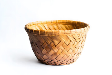 Empty straw, rattan wicker basket on white background Bamboo basket, Storage basket