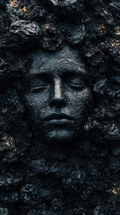 Obraz premium This striking image features human face partially obscured by dark, textured materials, evoking sense of depth and emotion. interplay of light and shadow enhances dramatic effect, creating haunting