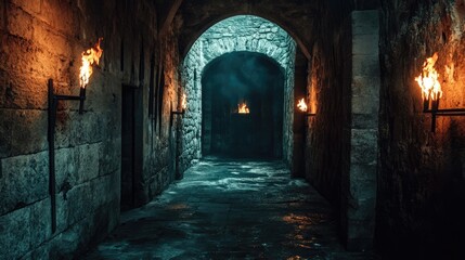 Creepy medieval dungeon with stone walls and fire torches casting eerie light in the cold, damp room. Mysterious atmosphere.