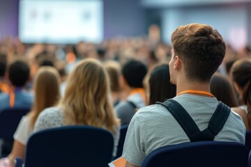 Fototapeta premium In a big hall, many young people listen to a speaker