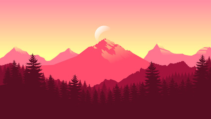 Pink mountain landscape wallpaper in a minimalist flat design style. Minimalist beauty background for desktop and wallpaper