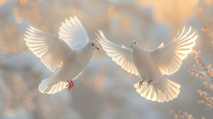 Obraz premium Two graceful white doves captured mid-flight in a golden glow during dusk, symbolizing peace and love. Generative AI