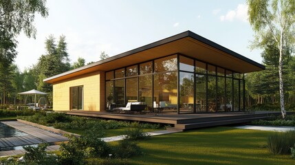 Modern Minimalist House: A contemporary architectural marvel, showcasing a sleek and stylish design with expansive windows, a wooden deck, and a lush green lawn.