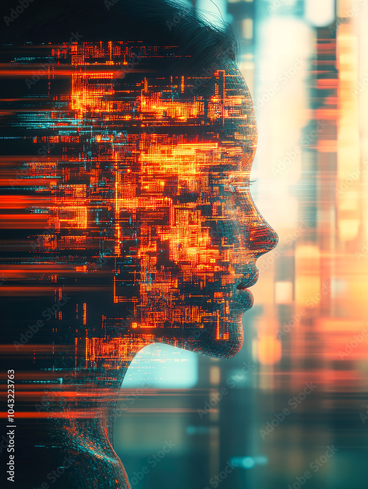 Poster a profile view of a person infused with glowing data lines, symbolizing the connection between techn