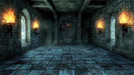 Fototapeta premium Eerie medieval dungeon room with fire torches lighting the cold stone floors and walls, shadows stretching ominously across the room.