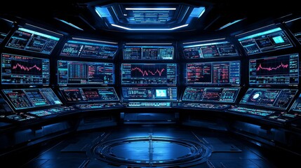 Obraz premium Futuristic Control Room with Multiple Screens Displaying Data and Charts