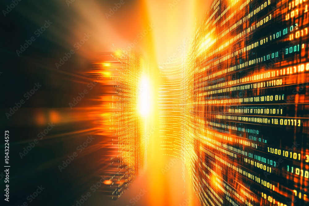 Poster a futuristic scene of glowing digital code with light rays, representing technology and data transfo