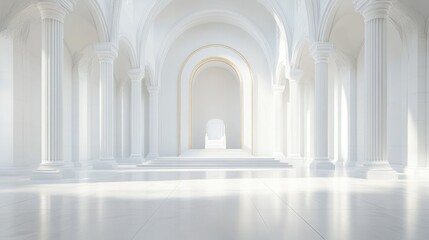 Naklejka premium Empty grand hall with a white throne at the center, softly lit by natural light, creating a calm and majestic atmosphere fit for royalty.