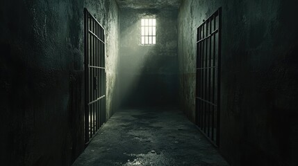 Obraz premium Empty, dimly lit prison cell with cold steel bars and rough concrete walls and floor. The space is small and foreboding, with a moody, dark atmosphere.