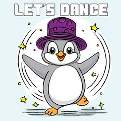 Cartoon vector character Penguin in a hat dancing