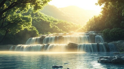 A scenic waterfall cascades down a rocky cliff into a tranquil pool, bathed in warm, golden sunlight filtering through the lush foliage of a tropical forest.
