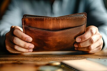 Bankruptcy problem financial concept, Young man opening empty wallet stress to find money to pay debt mortgage  period, Generative AI