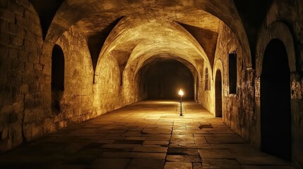 Fototapeta premium Gloomy medieval dungeon with stone walls and arched ceiling, dim light from fire torches casting long shadows across the floor.