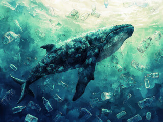 majestic whale swims through sea of floating plastic bottles, highlighting impact of pollution on marine life. This powerful image evokes sense of urgency for ocean conservation