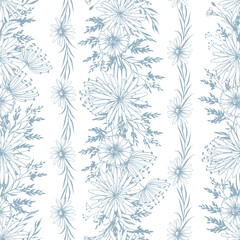 Seamless pattern with meadow daisy flowers. Hand drawn line art ornaments on beige background. Simple vector contour graphics.