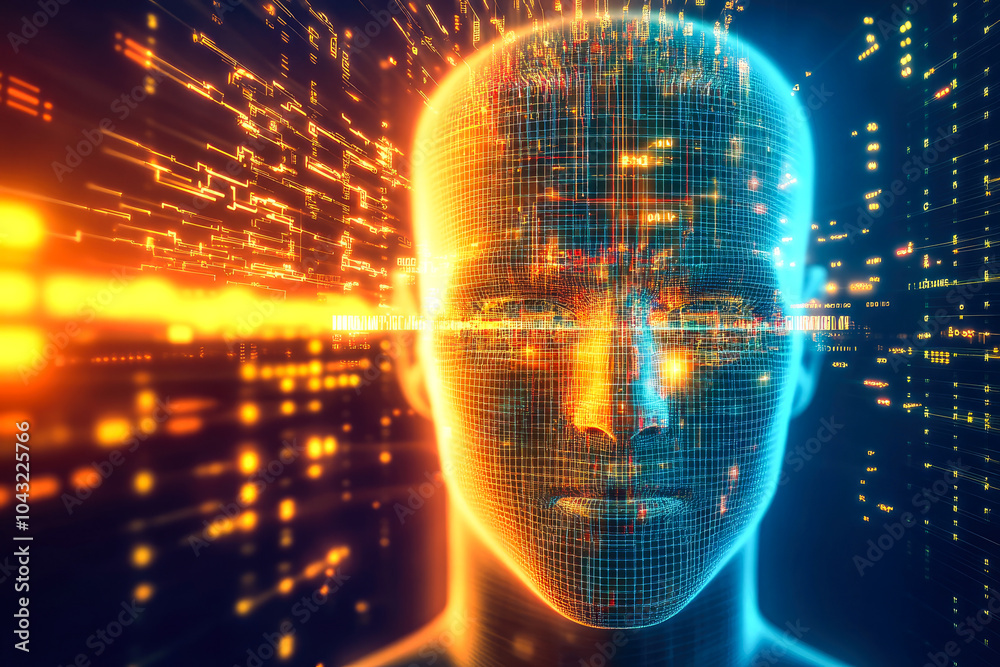 Poster an abstract digital depiction of a head enveloped in a vibrant and intricate grid of futuristic ligh