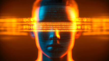 A digitally rendered face with a binary code visual effect, symbolizing the intersection of identity, data, and digital integration.