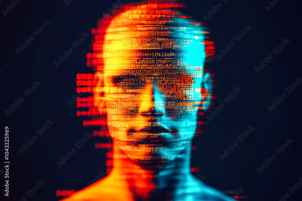 Poster digital face with intricate code patterns in glowing colors, representing modern technology and arti