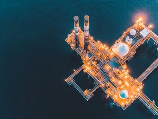 Aerial view of a brightly lit offshore oil rig at dusk, surrounded by deep blue ocean, capturing industrial and environmental contrast.