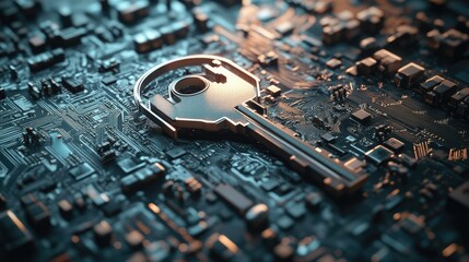 Key symbol in 3D, sitting on a futuristic circuit board background. The design conveys themes of digital access, security, and encryption.