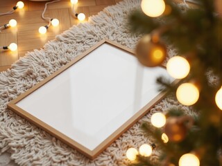 A4 poster in a light oak frame lying on a boho rug, surrounded by warm glowing bulb lights and a decorated Christmas tree. Cozy Christmas theme with Scandinavian aesthetics. Poster mockup.